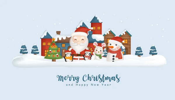 Christmas Background Snow Village Santa Clause Friends — стоковый вектор