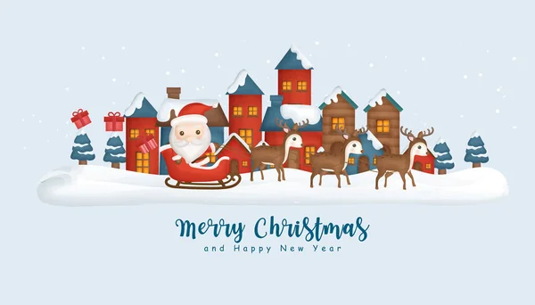 Christmas Background Snow Village Santa Clause Friends — стоковый вектор