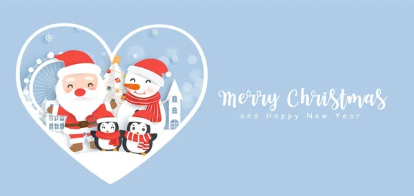 Feliz Navidad Feliz Año Nuevo Banner Con Lindo Santa Amigos — Vector de stock