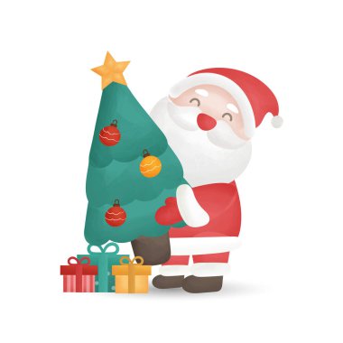 Tatlı Noel Baba şartı ve hediye kutuları tebrik kartı olarak sulu boya şeklinde..