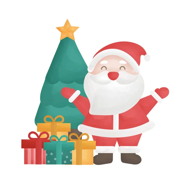 Leuke Kerstman Clausule Kerstboom Aquarelstijl — Stockvector
