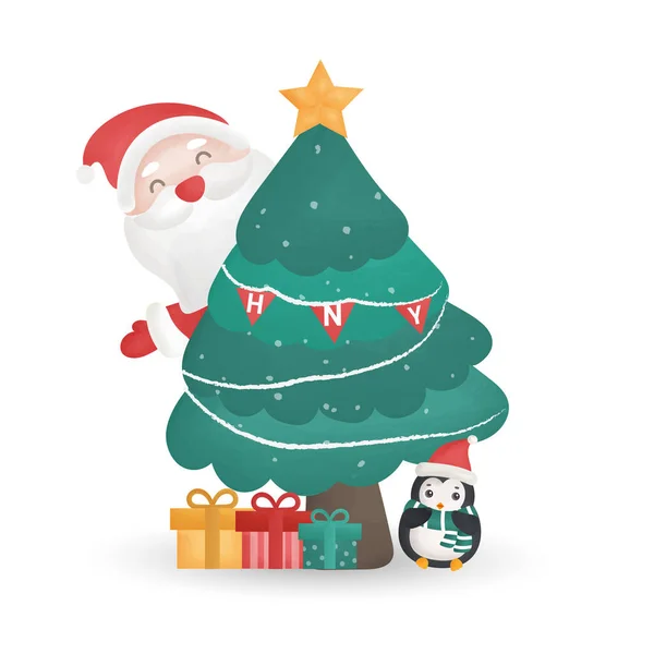 Симпатичный Санта Клаус Елка Акварельном Стиле Поздравительных Открыток — стоковый вектор