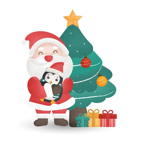 Симпатичный Санта Клаус Елка Акварельном Стиле Поздравительных Открыток — стоковый вектор