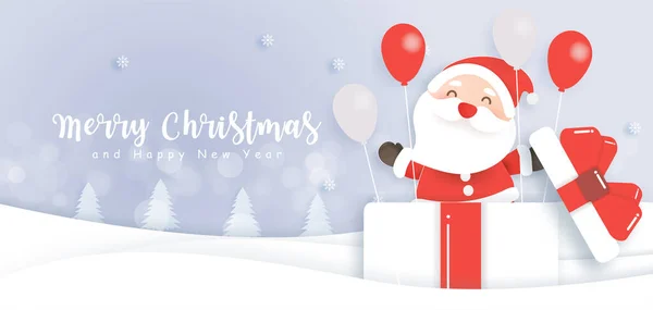 Feliz Navidad Feliz Año Nuevo Banner Con Lindo Santa Cajas — Vector de stock
