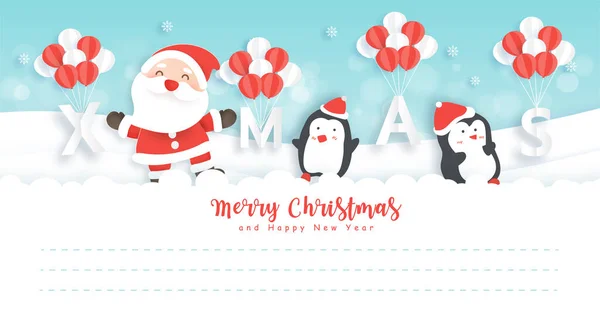 Feliz Navidad Feliz Año Nuevo Postal Con Lindo Santa Pingüinos — Vector de stock