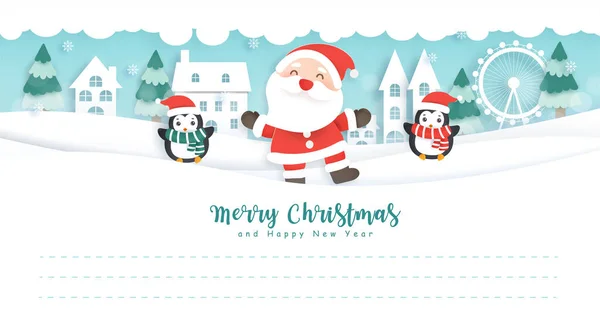 Feliz Navidad Feliz Año Nuevo Postal Con Lindo Santa Pingüinos — Vector de stock