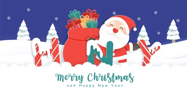 圣诞快乐 新年快乐 雪地森林里有可爱的圣诞老人祝福卡片 — 图库矢量图片