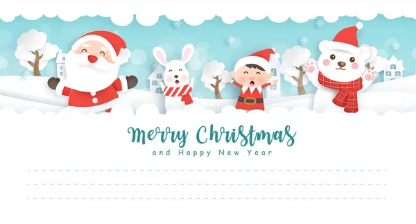 Feliz Navidad Feliz Año Nuevo Postal Con Lindo Santa Amigos — Vector de stock