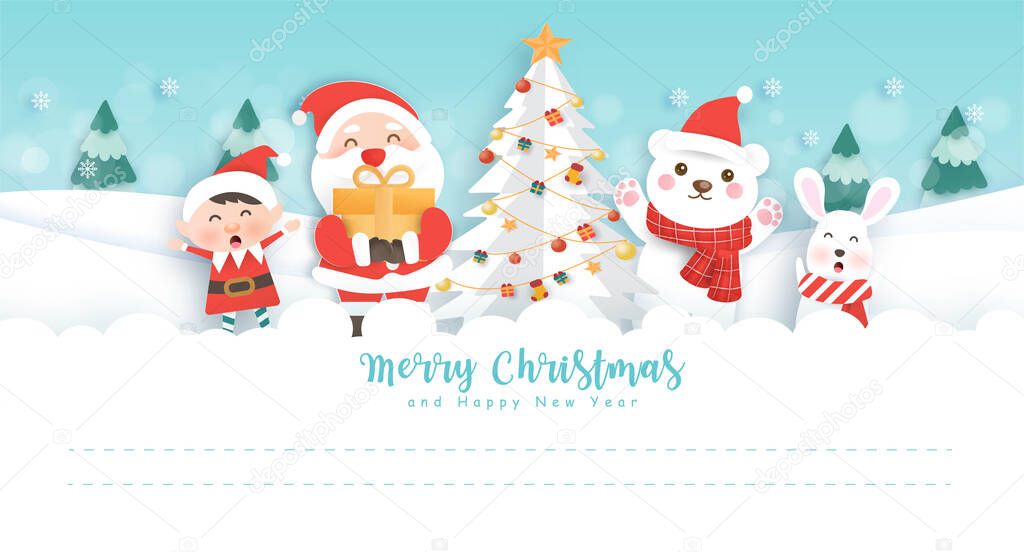 Merry Christmas and happy new year postcard with cute Santa and friend in the snow forest for greeting card .