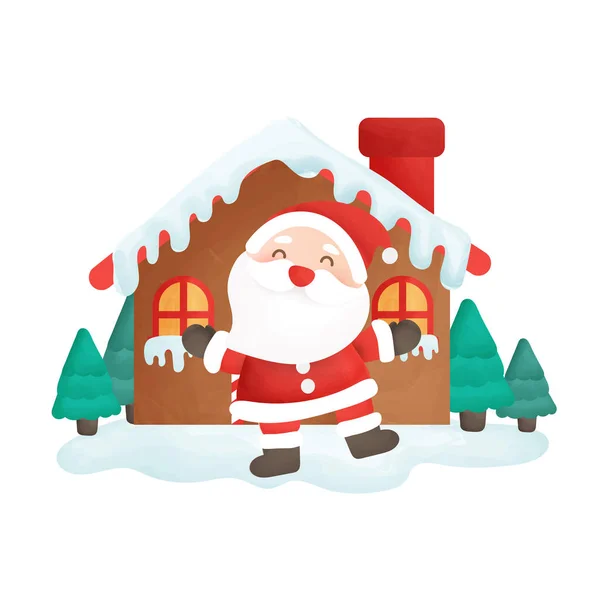 Щаслива Різдвяна Листівка Санта Клаусом Будинком — стоковий вектор