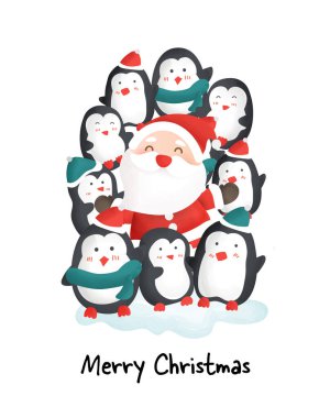 Güzel penguenler ve Noel Baba 'yla mutlu Noeller. Kutlama kartı, yeni yıl kartı..