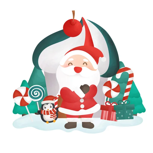 Рождественская Открытка Санта Клаусом Свечным Домиком — стоковый вектор