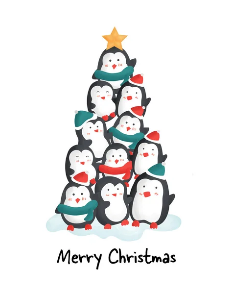 Wesołych Świąt Uroczymi Pingwinami Kartkę Okolicznościową Kartka Noworoczna — Wektor stockowy