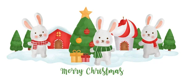 Banner Del Día Navidad Con Conejos Lindos Pueblo Nieve — Vector de stock