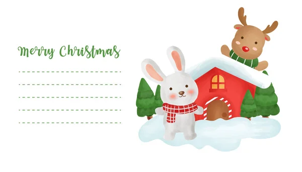 Tarjeta Postal Navidad Con Conejos Lindos Renos Para Tarjeta Felicitación — Vector de stock