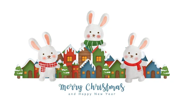 Fondo Navidad Con Pueblo Nieve Conejos — Vector de stock