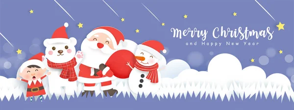 Feliz Navidad Feliz Año Nuevo Banner Con Lindo Santa Amigos — Vector de stock