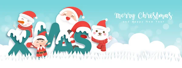 Веселого Рождества Счастливого Нового Года Милым Санта Клаусом Друзьями Снежном — стоковый вектор