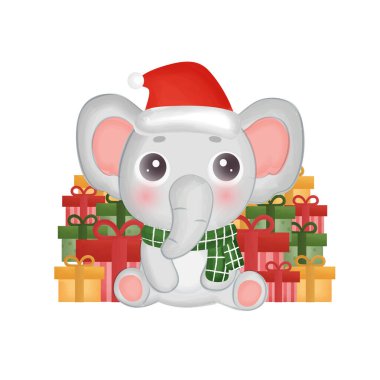 İçinde su rengi fil ve hediye kutuları olan Noel kartı..