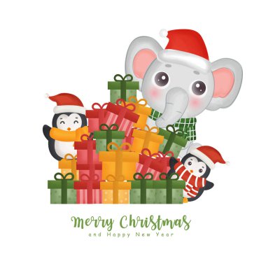 Noel suluboya ile şirin bir fil, penguen ve hediye kutuları tebrik kartları, davetiyeler, kağıt, ambalaj.