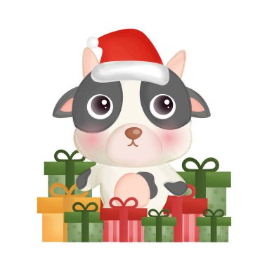 Sulu inek ve hediye kutularıyla Noel kartı..