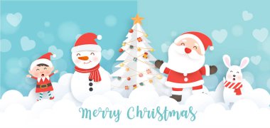 Mutlu Noeller ve mutlu yeni yıl afişleri Noel Baba ve arkadaşlarla.