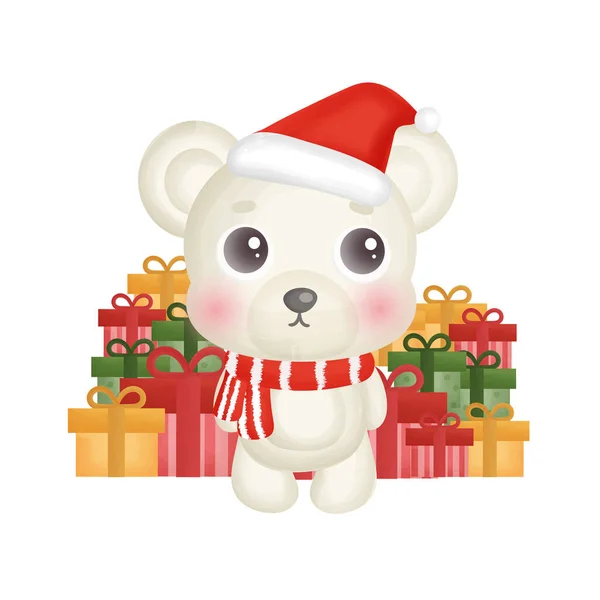 圣诞卡 上面有水彩画的白熊和礼品盒 — 图库矢量图片