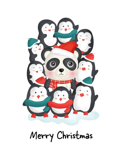 Feliz Día Navidad Con Lindos Pingüinos Panda Para Tarjeta Felicitación — Archivo Imágenes Vectoriales