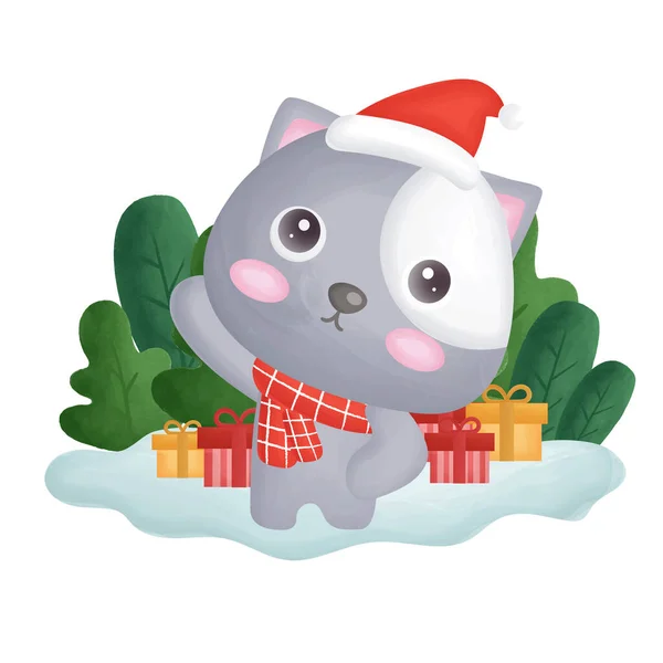 Weihnachtskarte Mit Aquarellkatze Wald — Stockvektor