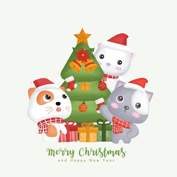 Navidad Acuarela Invierno Con Lindo Gato Elemento Navideño Para Tarjetas — Vector de stock