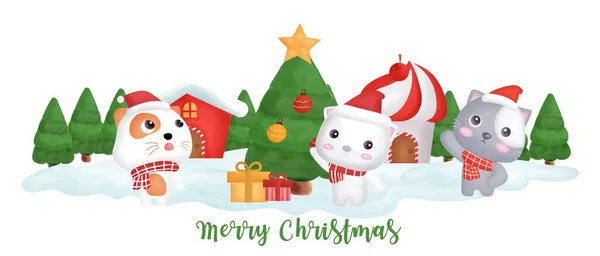 Різдвяний Банер Милими Кішками Снігове Село — стоковий вектор