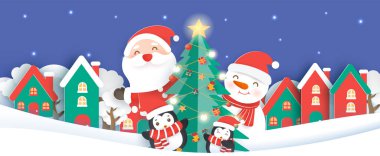 Noel afişi, arka plan, Noel Baba ve Kar Köyü gazetesindeki arkadaşlar kesim ve zanaat stili.. 