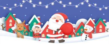 Noel afişi, arka plan, Noel Baba ve Kar Köyü gazetesindeki arkadaşlar kesim ve zanaat stili.. 