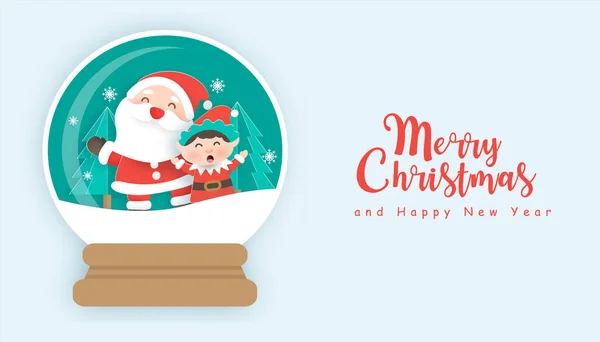 Weihnachten Hintergrund Mit Niedlichen Weihnachtsmann Klausel Und Elfe Schneekugel Mit — Stockvektor