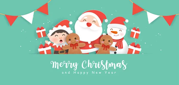 Szczęśliwego Bożego Narodzenia Tle Klauzulą Santa Przyjaciółmi — Wektor stockowy