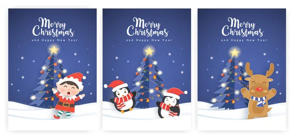 Set Cartoline Natale Auguri Capodanno Con Elfo Pinguini Renne — Vettoriale Stock