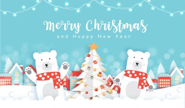 Kağıt kesiği şeklinde şirin kutup ayısı dolu Noel tebrik kartı..