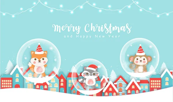 Natal Cartão Saudação Com Animais Bonitos Aldeia Neve — Vetor de Stock