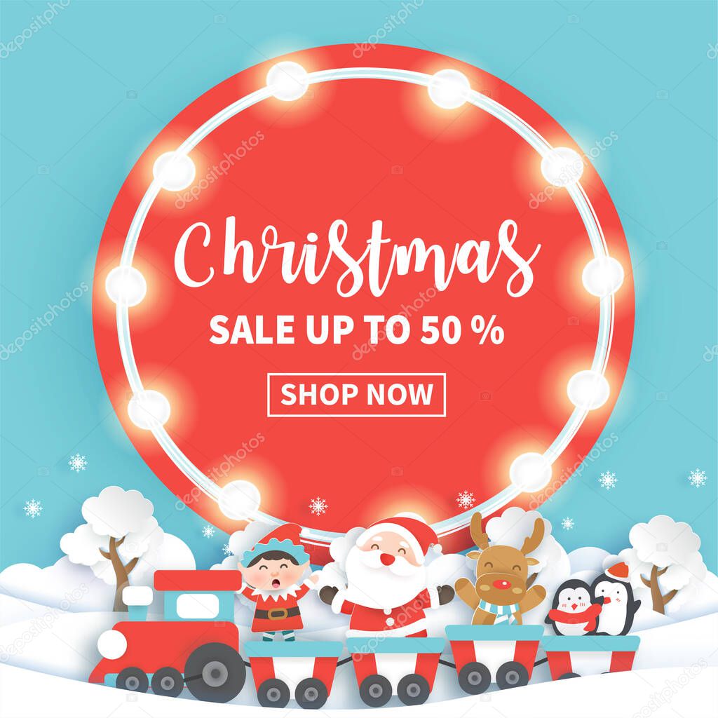 Christmas sale banner with a santa clause and friends in the forest.