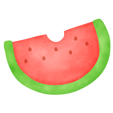 A watermelon is shown in a cartoon style. The watermelon is red and green. The watermelon is cut in half