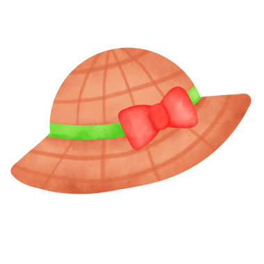 A hat with a green ribbon and a red bow. The hat is orange and has a green stripe