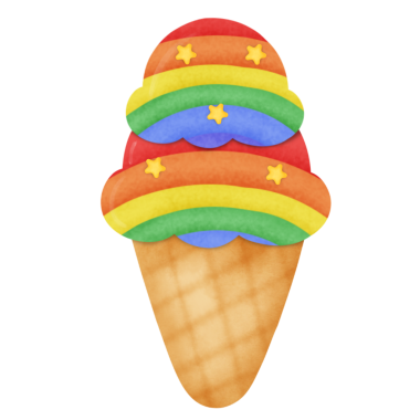 Rainbow ice cream in a cone. The cone is yellow and blue. There are stars on the ice cream