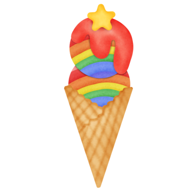 A colorful ice cream cone with a star on top, filled with rainbow colored ice cream. The cone is made of waffle-like material and has a unique design that makes it stand out