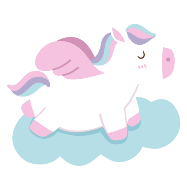 A white pig with pink wings flying in the sky. The pig is sleeping. The sky is blue and cloudy