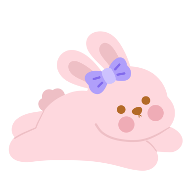 A pink rabbit with a purple bow on its head. It is laying down on a pink blanket