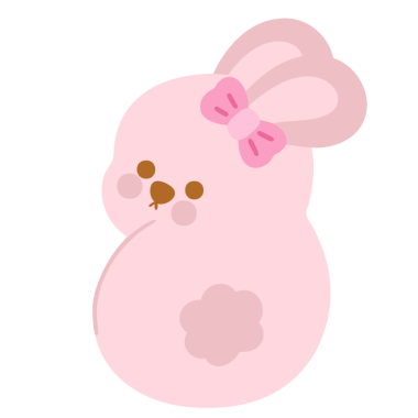 A pink rabbit with a pink bow on its head. The rabbit is sitting on a white background