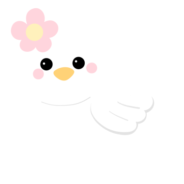 A white bird with a pink flower on its head. The bird is looking at the camera. The flower is pink and has a yellow center