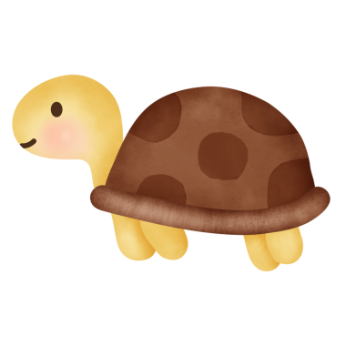 A cartoon turtle with a smile on its face. It is brown and yellow. The turtle is walking