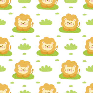 A pattern of cartoon lions on a green background. The lions are smiling and looking at the camera