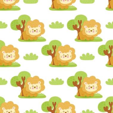 A pattern of cartoon lions is sitting under a tree. The lions are smiling and looking at the camera